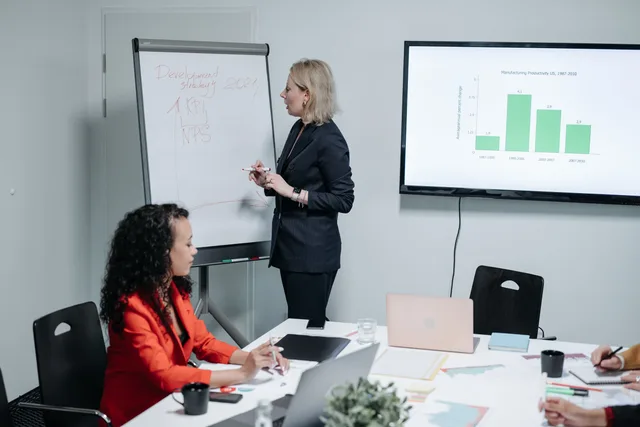Businesswomen discussing strategy in modern meeting room with charts and analysis. A working corporate communications framework, from framing the decision to stop rules